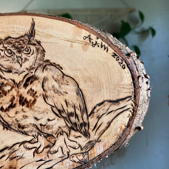 Hand-Burned Owl Wood Art Pyrography Rustic Cottagecore, Woodland, Nature Decor - Picture 2 of 8